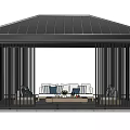 Modern Garden Pavilion With Sloped Striped Roof Vertical Black Slats And Outdoor Sofa Coffee Table Area