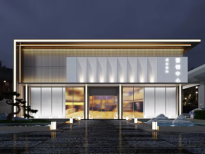 Modern Sales Office Building Night View With Glass Curtain Wall Lighting And Water Feature 3d model