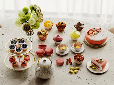 Assorted Desserts Display With Teaware And Flowers 3d model
