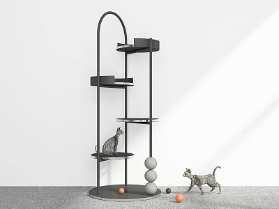 Modern Black Multi Level Cat Tree with Platforms and Balls for Cat Play 3d model