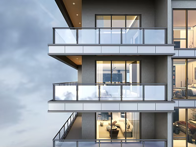Modern Home Balcony Design Featuring Glass Railing Multiple Floors And Interior Furniture 3d model