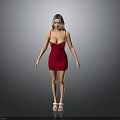 Woman In Red Dress Standing Against Gray Background With White Sandals