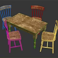 Rustic Wooden Dining Table Set with Four Vintage Chairs and Natural Texture
