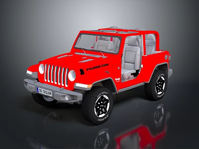 Red Jeep Convertible With Open Doors Gray Interior And Black Wheels 3d model