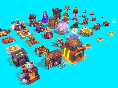Cartoon Scene With Colorful Buildings Cute Characters And Vibrant Blue Background 3d model