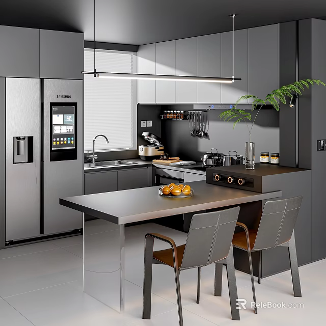 Modern Restaurant Kitchen With Grey Cabinets Stainless Steel Fridge Island Counter And Green Plant 3d model 