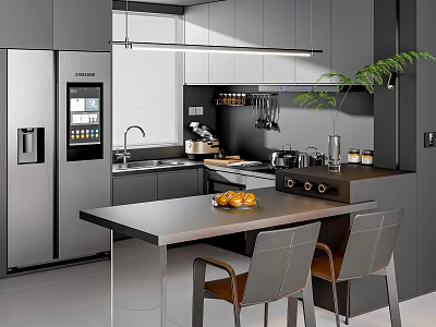 Modern Restaurant Kitchen With Grey Cabinets Stainless Steel Fridge Island Counter And Green Plant 3d model