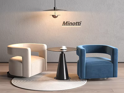 Minotti Beige And Blue Chairs With Round Table Circular Rug Grey Wall Pendant Light 3d model