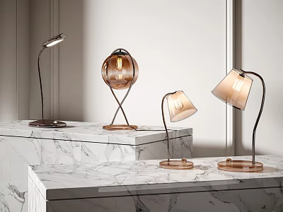 Modern Elegant Table Lamps On Marble Countertops With Metal Bases And Glass Fabric Shades 3d model