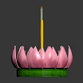 Pink Lotus Shaped Decorative Item With Petals Green Base Yellow Incense Stick And Candle Wick