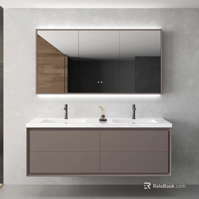 Modern Bathroom Vanity With Double Sinks Large Backlit Mirror And Gray Cabinets 3d model