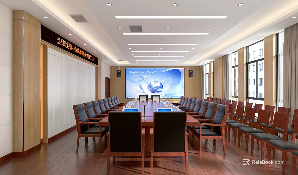 Spacious Conference Room with Long Table Wooden Floor Large Screen and Bright Windows 3d model 