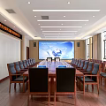 Spacious Conference Room with Long Table Wooden Floor Large Screen and Bright Windows