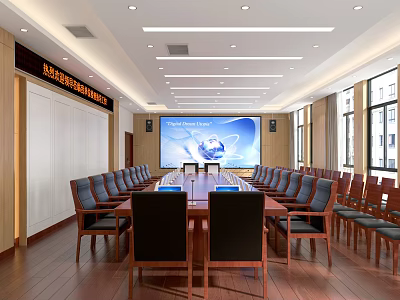 Spacious Conference Room with Long Table Wooden Floor Large Screen and Bright Windows 3d model