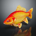 Koi Fish With Red And Yellow Vibrant Scales On Black Background Showing Shiny Reflection