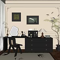 Dark Wooden Dresser With Drawers Table Lamp Chair Potted Plant And Framed Art