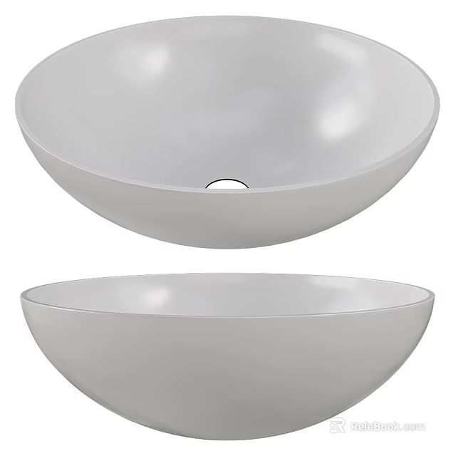 Two White Bowl Shaped Ceramic Washbasins With Smooth Surface And Drain Hole 3d model