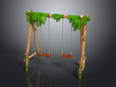 Natural Wooden Swing With Green Vines And Two Seats For Outdoor Use 3d model