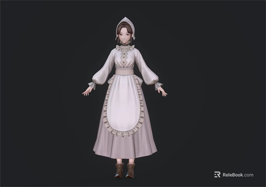 Classic Female Character In White Lace Trimmed Dress And Headscarf Against Dark Background 3d model 