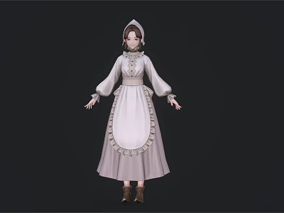 Classic Female Character In White Lace Trimmed Dress And Headscarf Against Dark Background 3d model