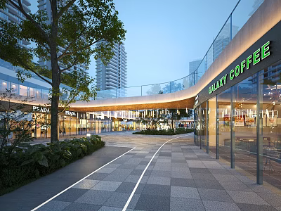 Modern Commercial Street With Bulay Coffee Shop Green Plants And Pedestrian Walkway 3d model