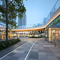 Modern Commercial Street With Bulay Coffee Shop Green Plants And Pedestrian Walkway