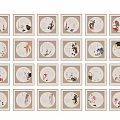 Framed Circular Plant Paintings With Various Patterns In Beige Borders Arranged Neatly 3d model