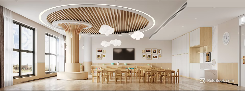 School Dining Hall Interior With Circular Wooden Ceiling Pendant Lights Tables And Wall 3d model 