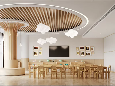 School Dining Hall Interior With Circular Wooden Ceiling Pendant Lights Tables And Wall 3d model