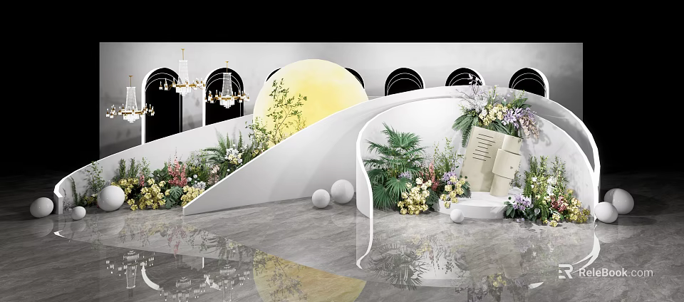 Elegant Decorative Setup With Moon White Curved Structures Greenery Flowers And Reflective Floor 3d model