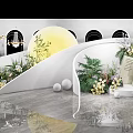 Elegant Decorative Setup With Moon White Curved Structures Greenery Flowers And Reflective Floor 3d model