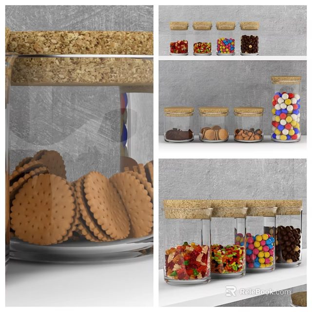 Glass Jars Filled With Cookies Candies And Granola On Kitchen Counter 3d model 