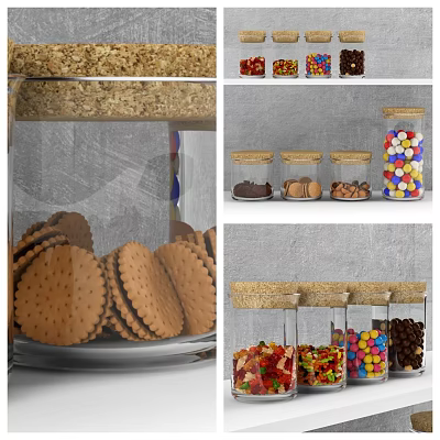 Glass Jars Filled With Cookies Candies And Granola On Kitchen Counter 3d model