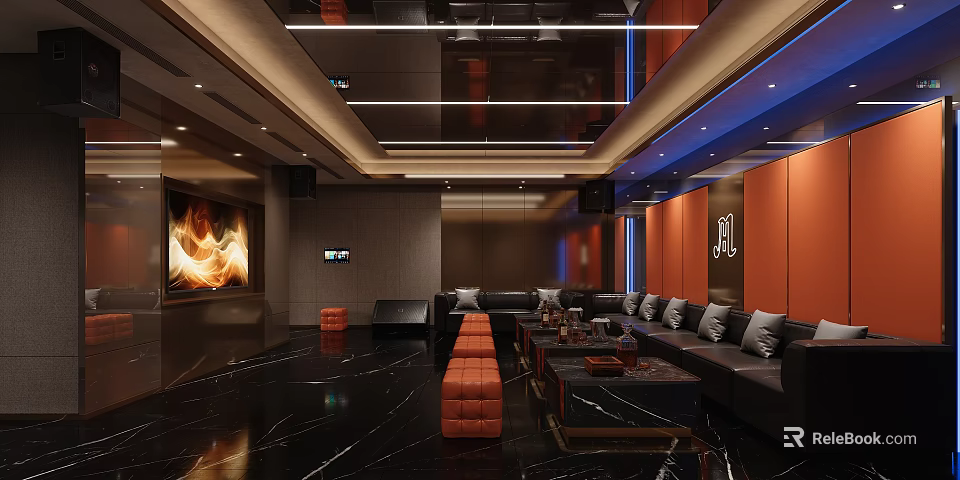 Elegant Modern KTV Interior With Spacious Comfortable Leather Sofas Glossy Marble Floor And Ambient Lighting 3d model 
