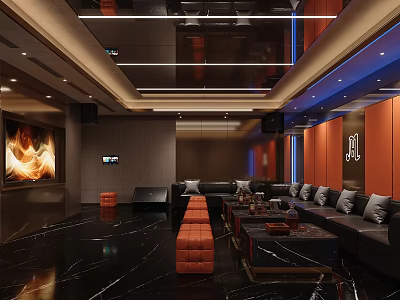 Elegant Modern KTV Interior With Spacious Comfortable Leather Sofas Glossy Marble Floor And Ambient Lighting 3d model