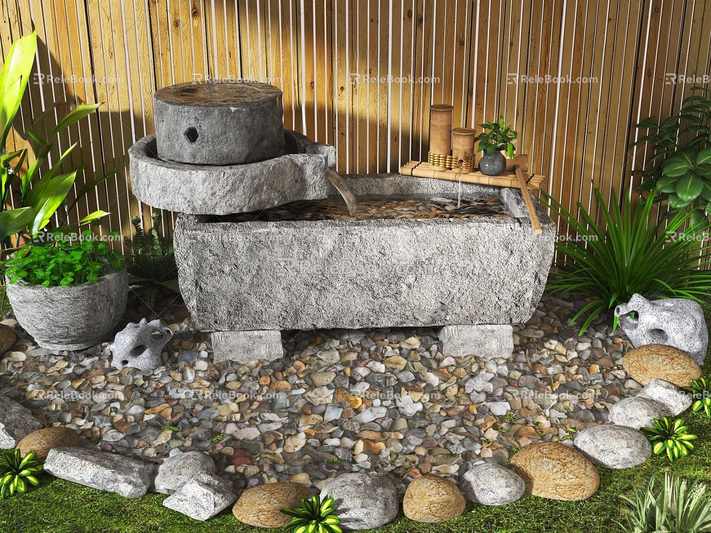 New Chinese Style Water Ornaments Stone Mortar Water Scene Courtyard Landscape Translating Stone Groove Circulating Water Scene model