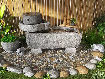 Decorative Garden Ornament With Stone Millstone Water Trough Pebbles Green Plants And Bamboo Fence 3d model