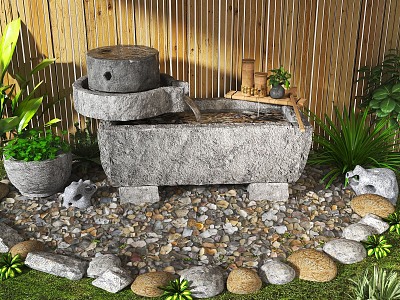 New Chinese Style Water Ornaments Stone Mortar Water Scene Courtyard Landscape Translating Stone Groove Circulating Water Scene model