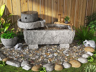 New Chinese Style Water Ornaments Stone Mortar Water Scene Courtyard Landscape Translating Stone Groove Circulating Water Scene 3d model