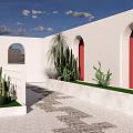 White Feature Wall With Red Arches Geometric Pattern Cactus Plants And Stone Path 3d model