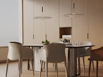 Modern Minimalist Dining Table Set With Marble Top Light Colored Chairs And Pendant Lights 3d model