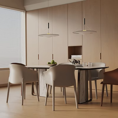 Modern Minimalist Dining Table Set With Marble Top Light Colored Chairs And Pendant Lights 3d model