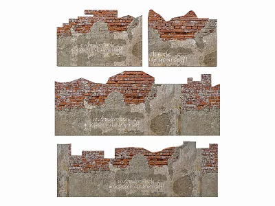 Vintage Building Exterior Wall With Exposed Red Bricks And Gray Peeling Texture 3d model
