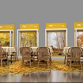 Autumn Themed Stage Design With Golden Trees Round Arch Decorations And Arranged Seats
