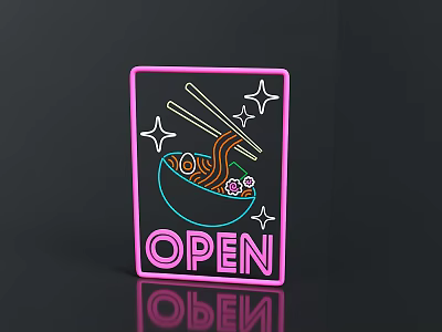 Vibrant Neon Sign Featuring Ramen Bowl Chopsticks Stars And Open Text 3d model