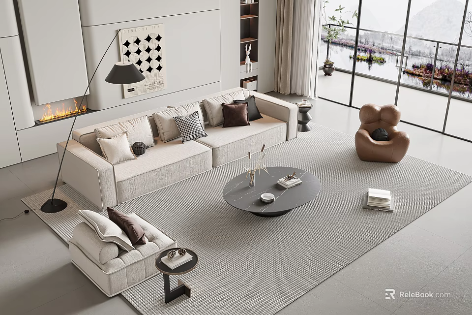Modern Living Room Sofa Coffee Table Set With Light Beige Pillows And Round Table 3d model 