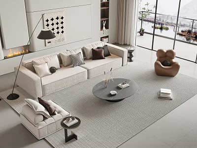 Modern Living Room Sofa Coffee Table Set With Light Beige Pillows And Round Table 3d model