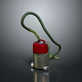 Modern Computer Vacuum Cleaner With Red Top Silver Barrel Green Hose And Wheels