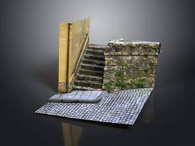 Detailed Scene Construction With Yellow Wall Stone Steps And Cobblestone Pavement 3d model