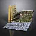 Detailed Scene Construction With Yellow Wall Stone Steps And Cobblestone Pavement